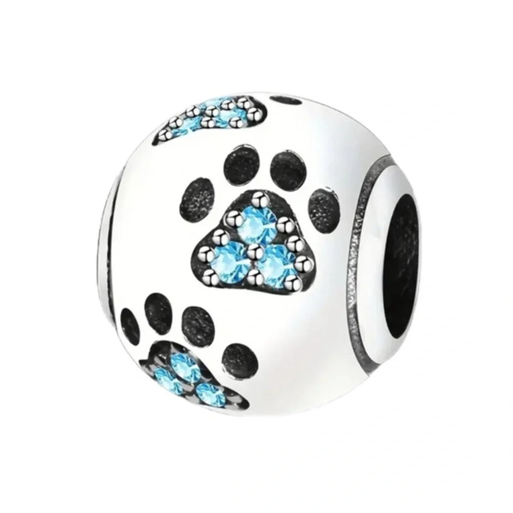 S925 Sterling Silver PAW PRINT Charm/Pendant with Blue Zirconia Accents - NWT